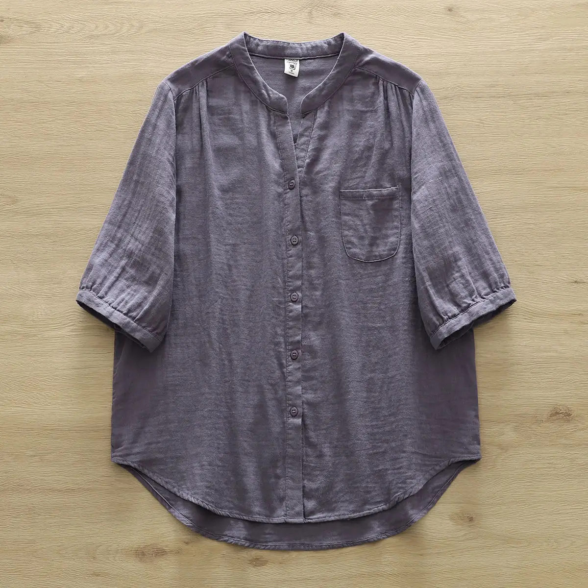 韓版 復古 小V領 寬鬆 休閒 簡約 七分袖 襯衫