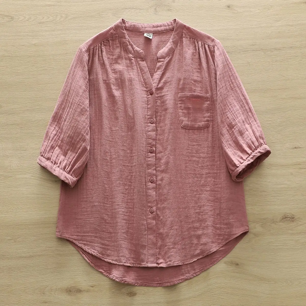 韓版 復古 小V領 寬鬆 休閒 簡約 七分袖 襯衫