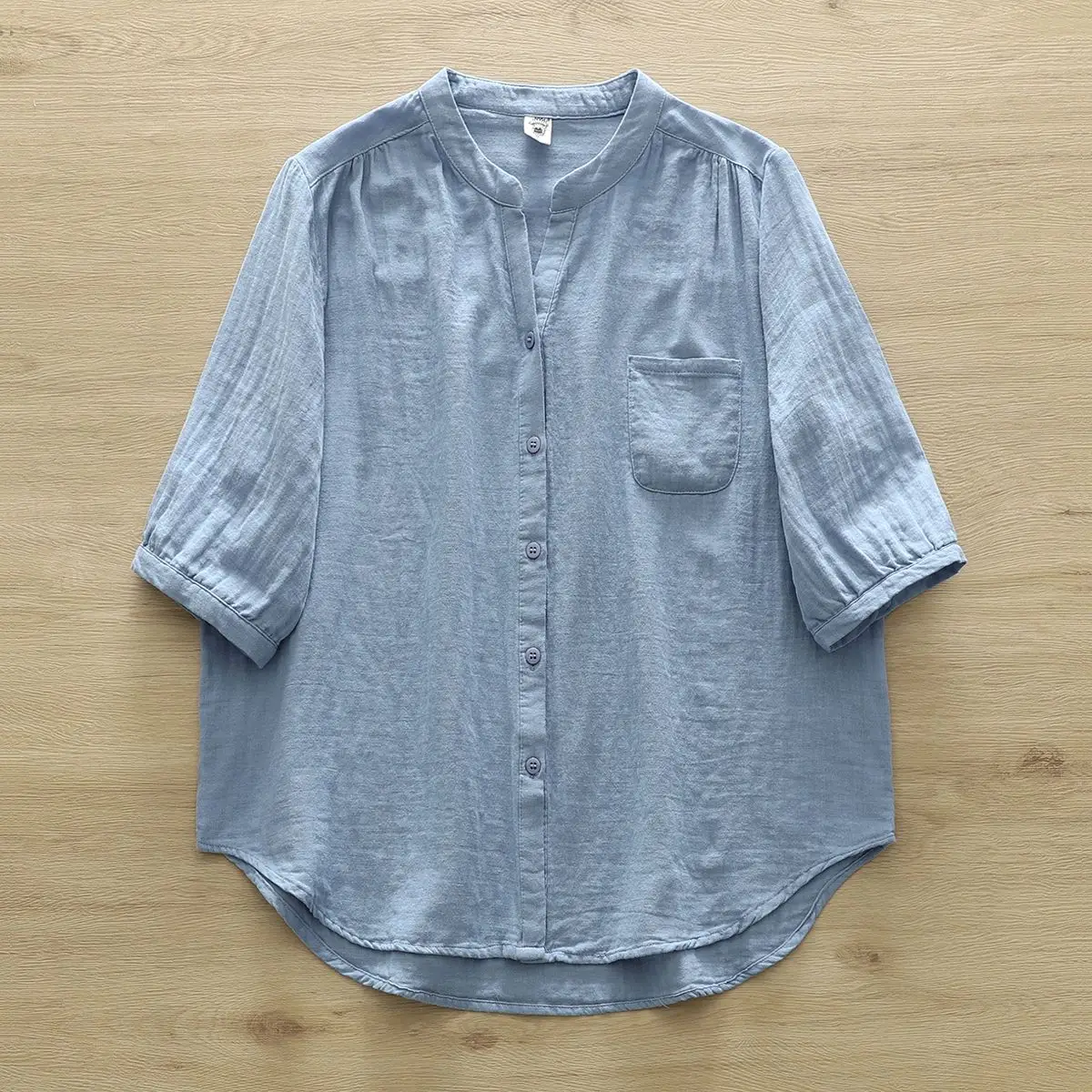 韓版 復古 小V領 寬鬆 休閒 簡約 七分袖 襯衫