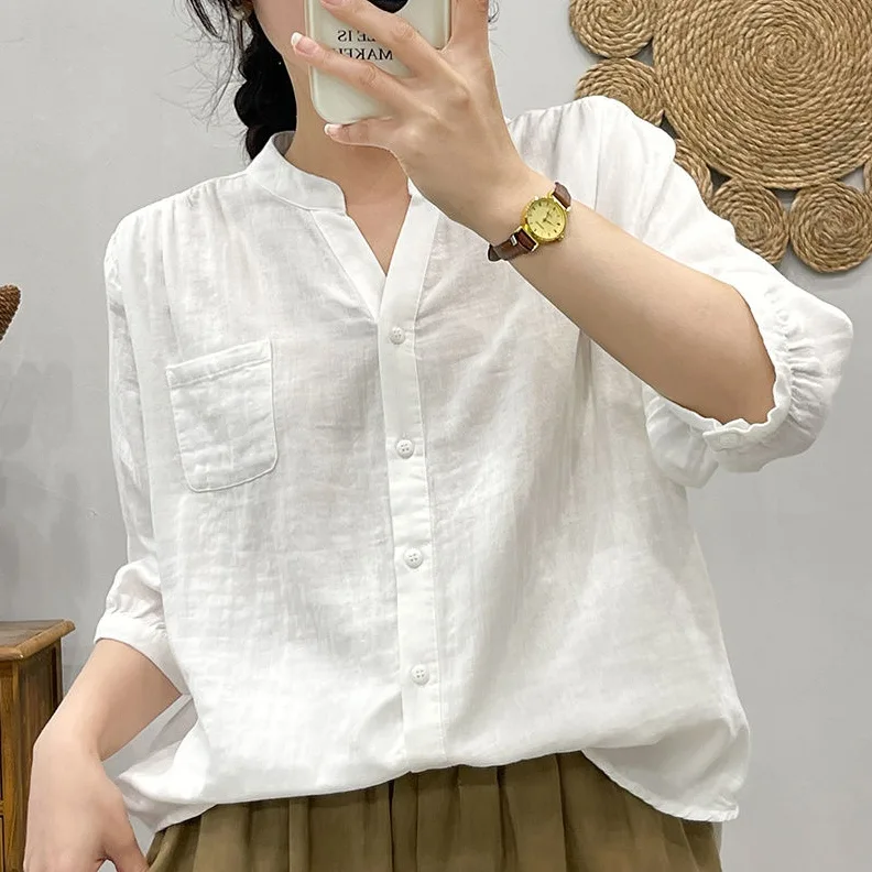 韓版 復古 小V領 寬鬆 休閒 簡約 七分袖 襯衫
