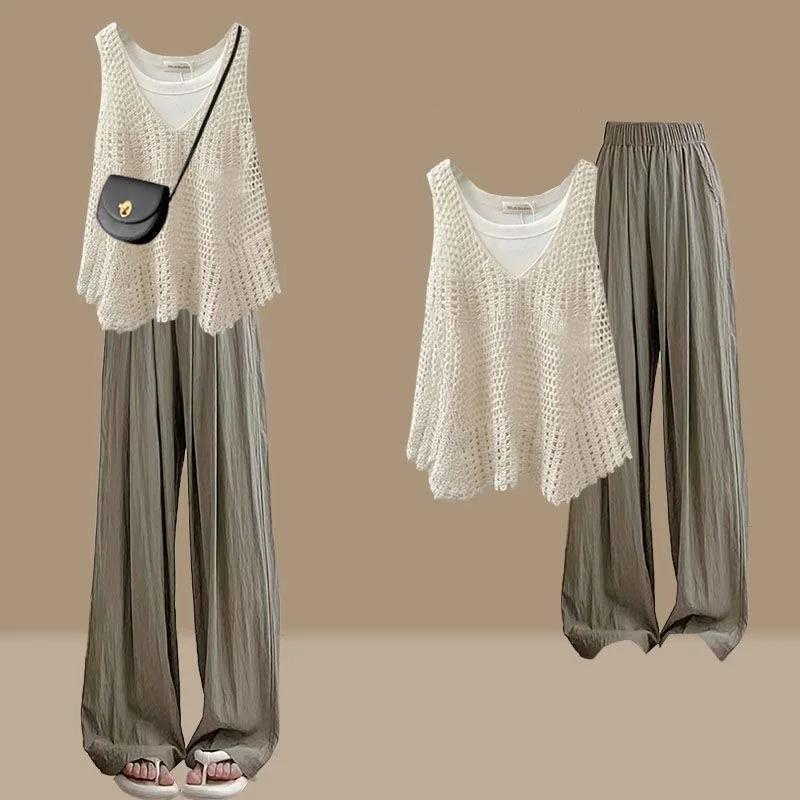 【單品可選】韓版 百搭 吊帶+針織 鏤空 背心+休閒 長褲 三件套