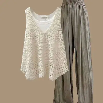 【單品可選】韓版 百搭 吊帶+針織 鏤空 背心+休閒 長褲 三件套