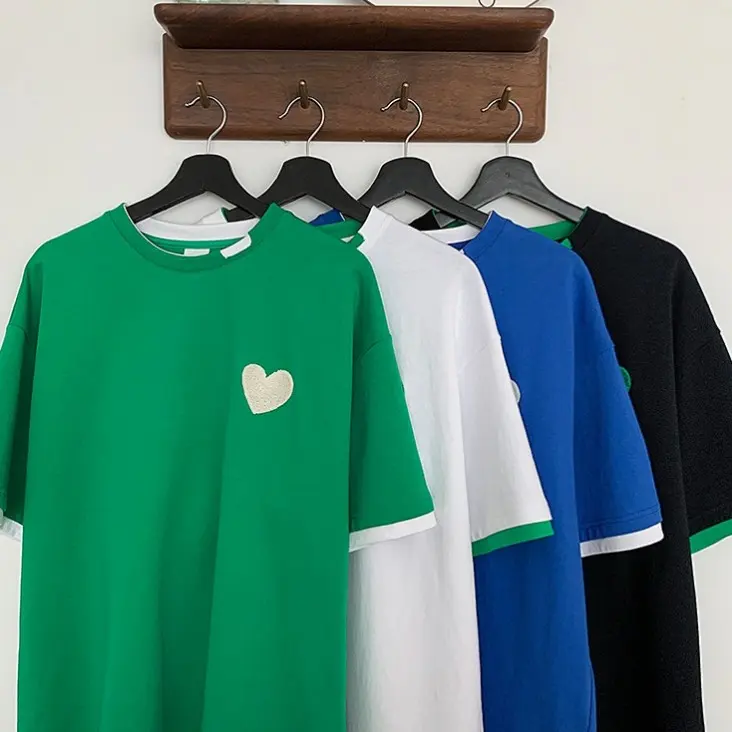 愛心 刺繡 假兩件短袖 T恤 設計感 小眾 閨蜜 情侶裝 半袖 上衣