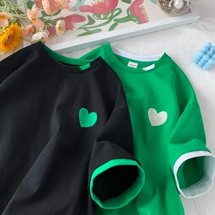 愛心 刺繡 假兩件短袖 T恤 設計感 小眾 閨蜜 情侶裝 半袖 上衣