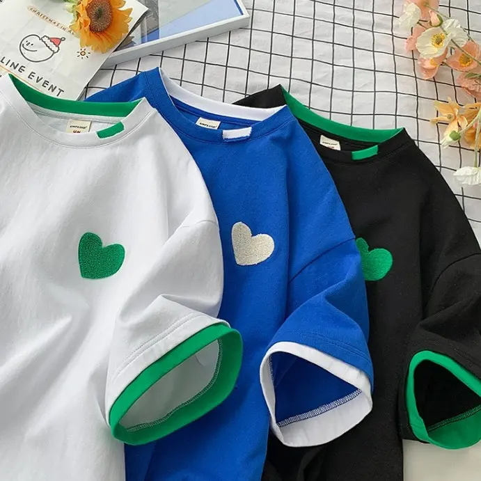 愛心 刺繡 假兩件短袖 T恤 設計感 小眾 閨蜜 情侶裝 半袖 上衣