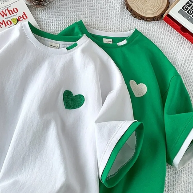 愛心 刺繡 假兩件短袖 T恤 設計感 小眾 閨蜜 情侶裝 半袖 上衣