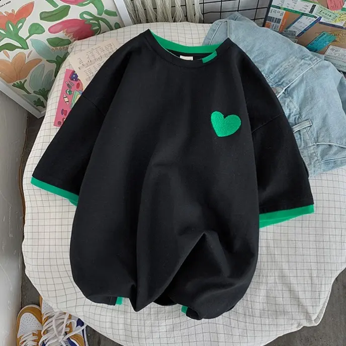 愛心 刺繡 假兩件短袖 T恤 設計感 小眾 閨蜜 情侶裝 半袖 上衣