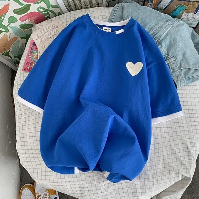 愛心 刺繡 假兩件短袖 T恤 設計感 小眾 閨蜜 情侶裝 半袖 上衣
