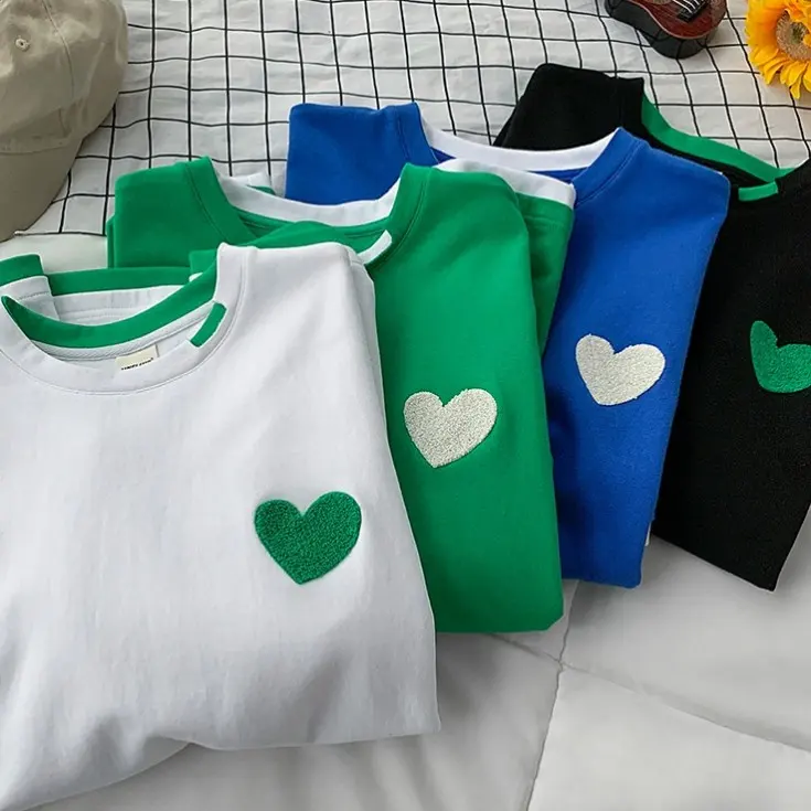 愛心 刺繡 假兩件短袖 T恤 設計感 小眾 閨蜜 情侶裝 半袖 上衣