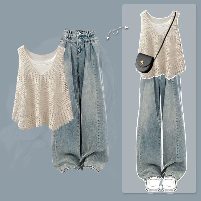 【單品可選】時尚 鏤空 針織 馬甲+內搭 背心+寬鬆 牛仔褲 三件套