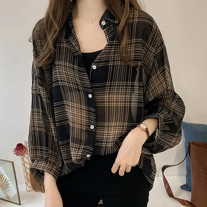 英倫風格紋 翻領 單排釦 燈籠袖 寬鬆 襯衫