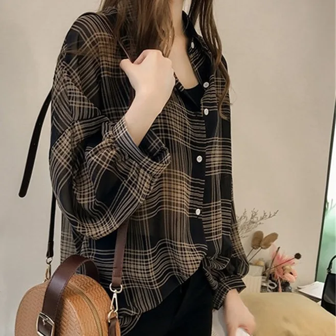 英倫風格紋 翻領 單排釦 燈籠袖 寬鬆 襯衫