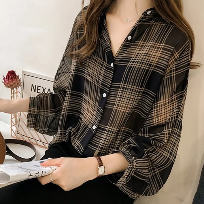 英倫風格紋 翻領 單排釦 燈籠袖 寬鬆 襯衫