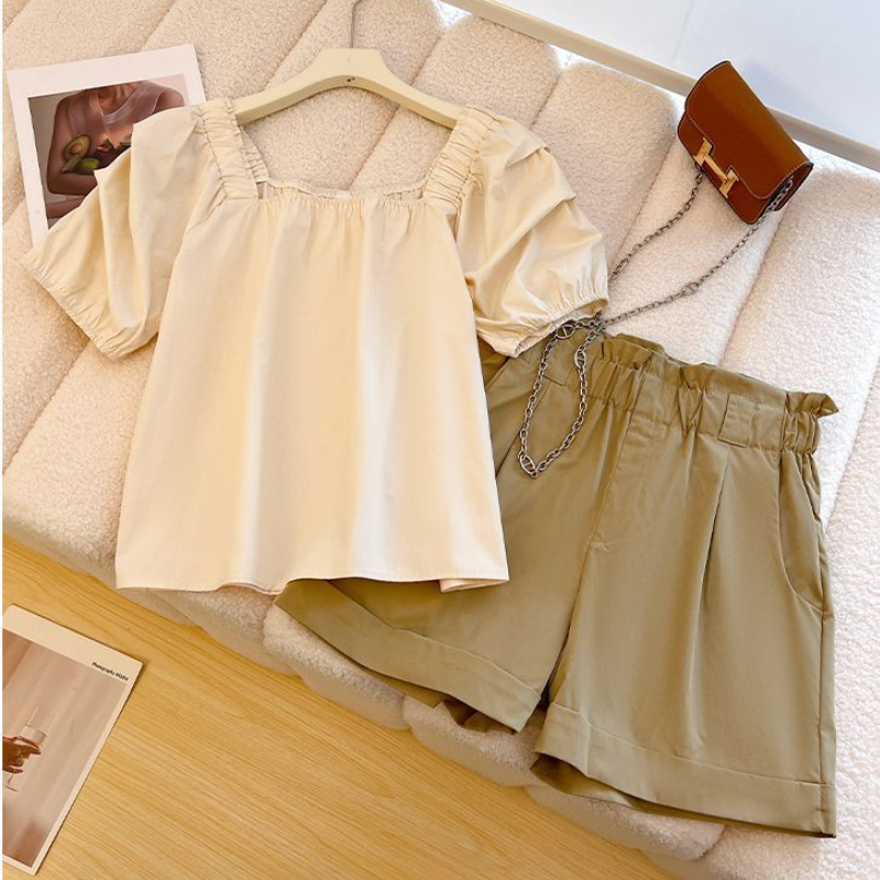 【單品可選】方領寬鬆泡泡袖襯衫+寬鬆高腰顯瘦工裝短褲套裝