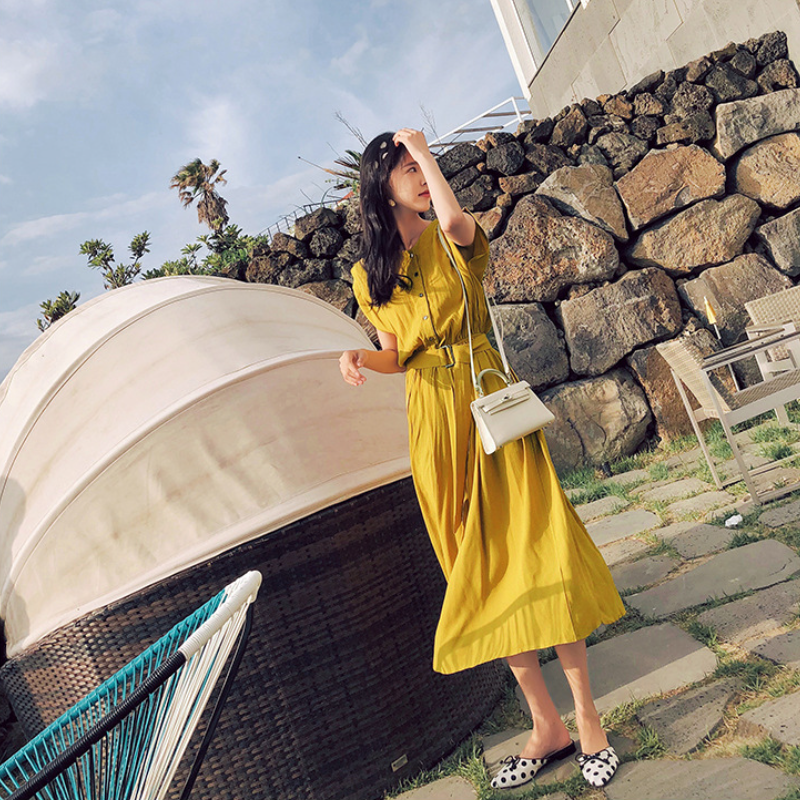 韓系優雅 OL穿搭 素面 短袖 高腰 Ａ字裙 壓褶 休閒長洋裝