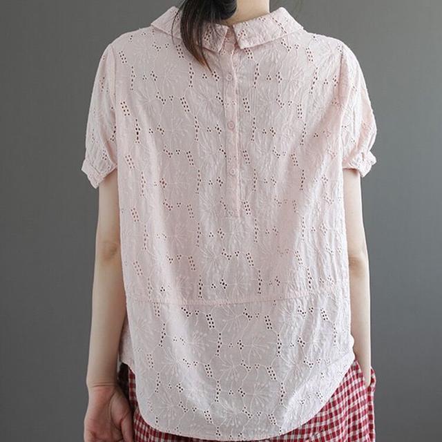鏤空蕾絲文藝復古寬鬆顯瘦娃娃領短袖T恤 法式99支純細支亞麻襯衫