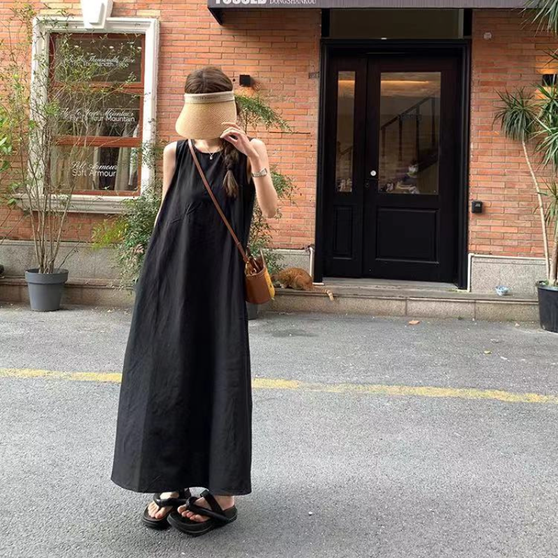 園遊會韓版氣質無袖踏青洋裝  寬鬆後背鏤空設計感圓領長款背心裙