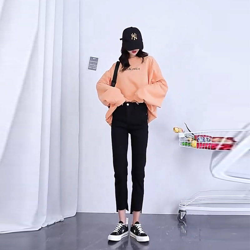 韓版東大門自訂大尺碼女裝 顯瘦褲子高腰彈力破洞牛仔褲女九分褲潮