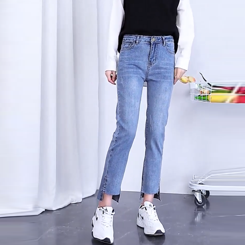 韓版東大門自訂大尺碼女裝 顯瘦褲子高腰彈力破洞牛仔褲女九分褲潮