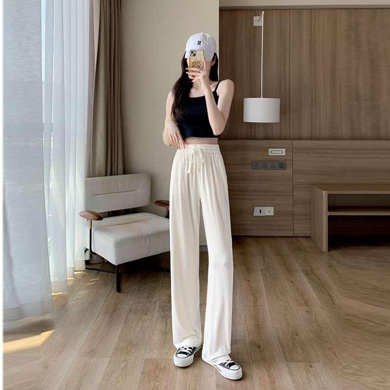 淺綠色 冰絲 闊腿褲 防蚊  高腰 垂感 窄版 直筒 涼涼褲 寬褲