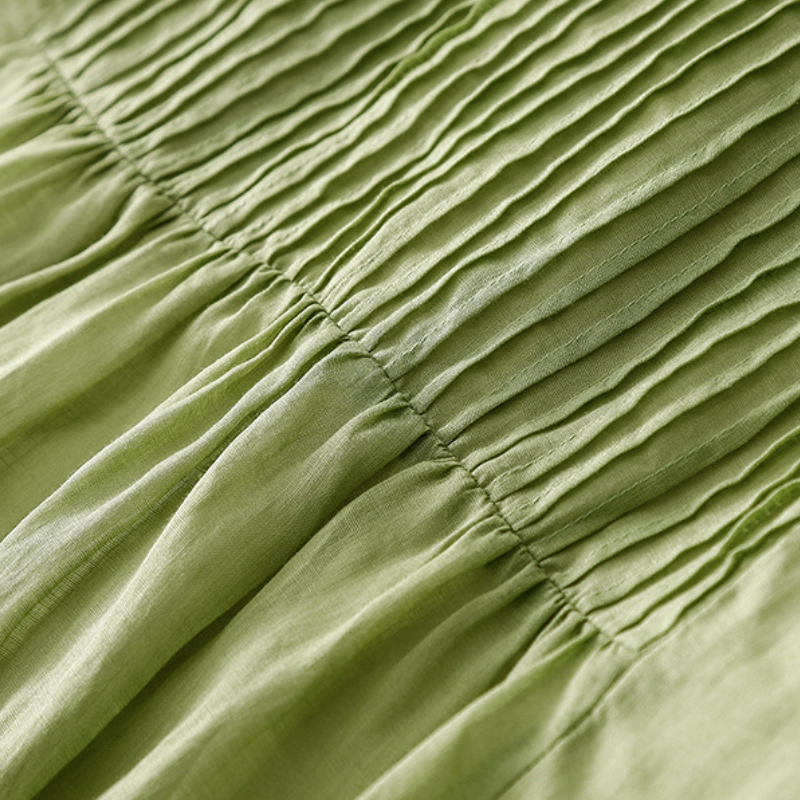 復古 設計感 風琴褶 洋裝 文藝 純色V領 苧麻 清涼 顯瘦 長裙