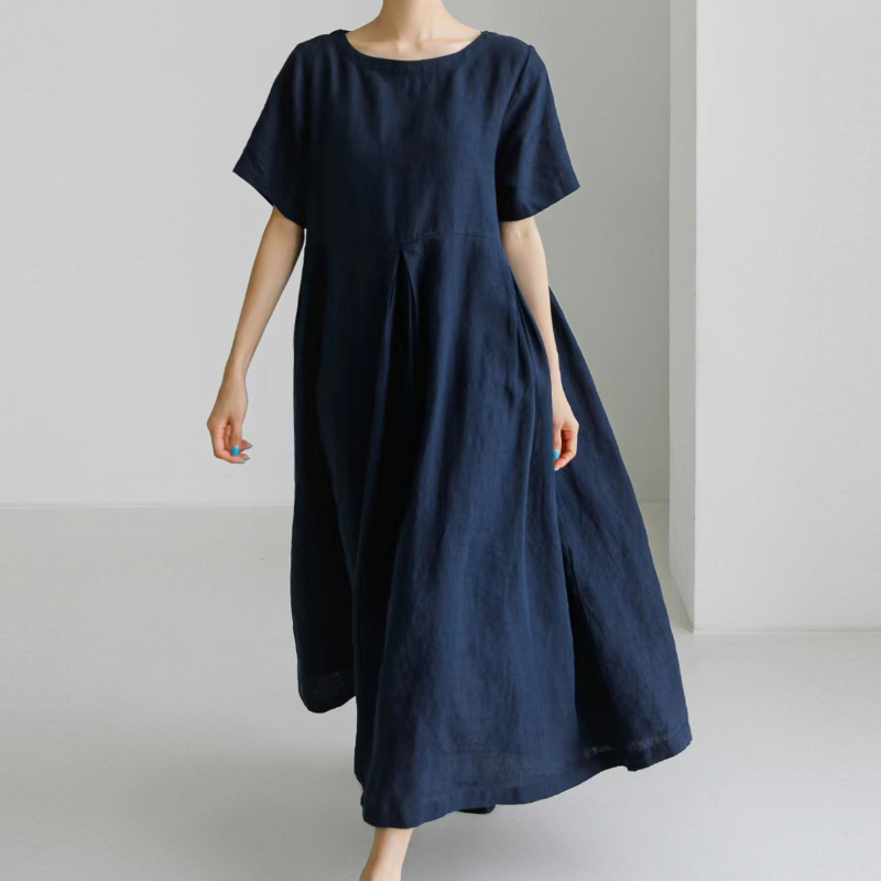 日韓版純色棉麻圓領寬鬆洋裝 寬鬆大碼韓版棉麻風純色過膝長裙大擺裙