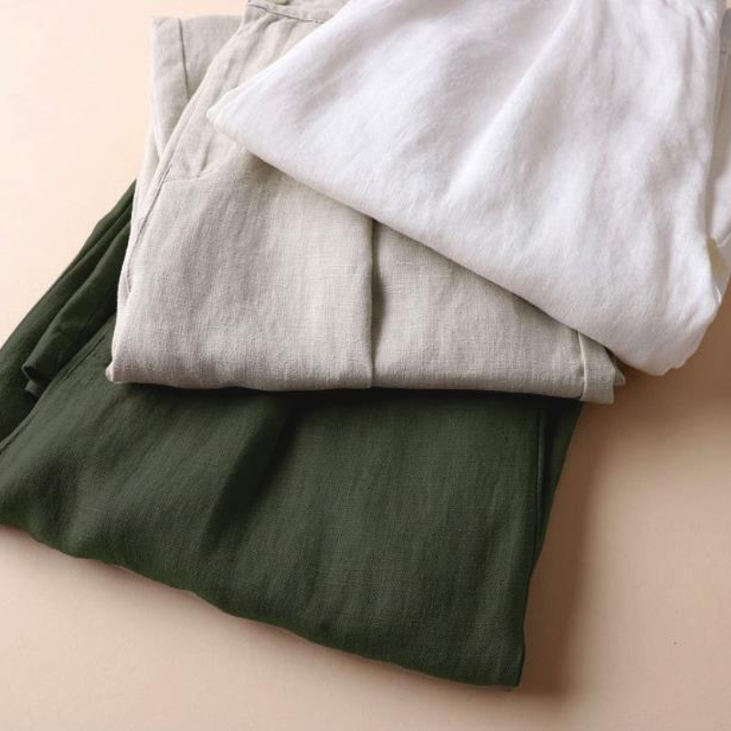 經典 時尚 休閑 亞麻 素面 耐久性 寬鬆 顯瘦 顯腿長 寬鬆感 紐扣 九分褲 休閒褲 褲子