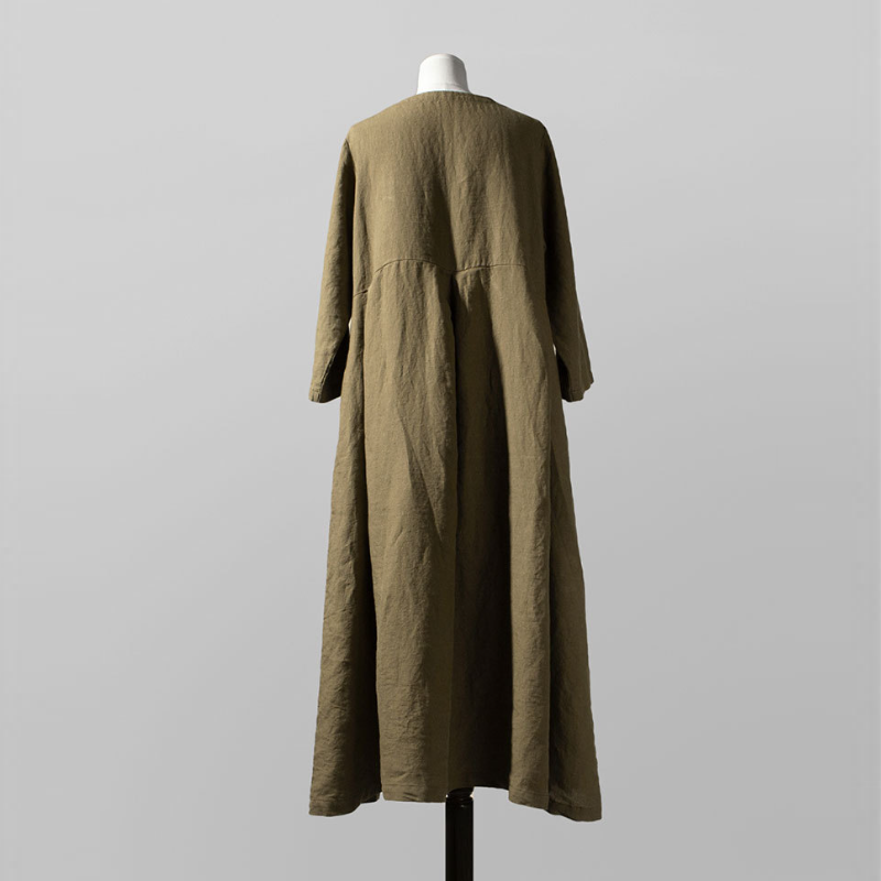 日韓版純色棉麻圓領寬鬆洋裝 寬鬆大碼韓版棉麻風純色過膝長裙大擺裙