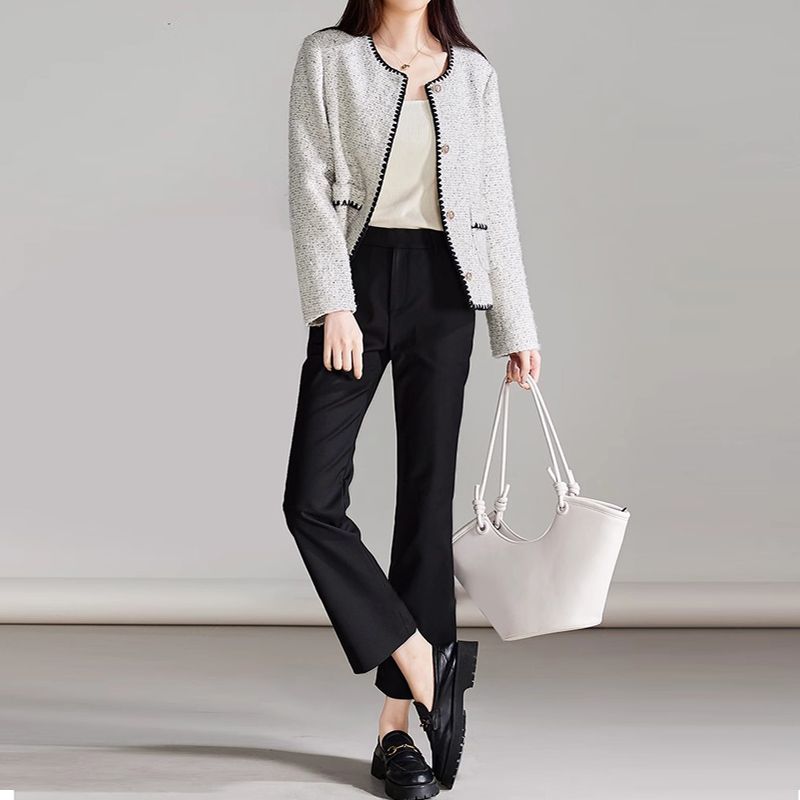 百搭時髦高腰顯瘦 彈力微喇 顯瘦 親膚 通勤 黑色 九分 休閒喇叭褲