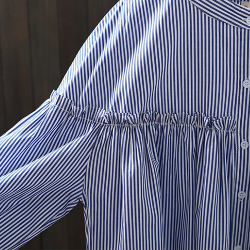 人氣熱銷款 純棉花邊寬鬆襯衫 條紋拼接開衫 設計感長袖木耳邊上身襯衫