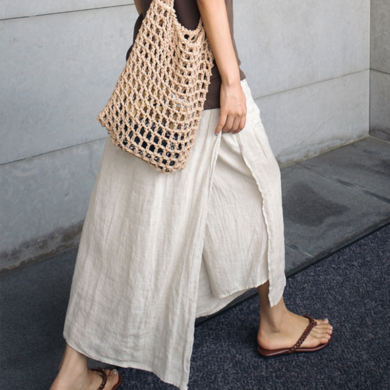 文藝 復古 假兩件 寬鬆 休閒 飄逸 顯瘦 九分 棉麻 開叉褲裙