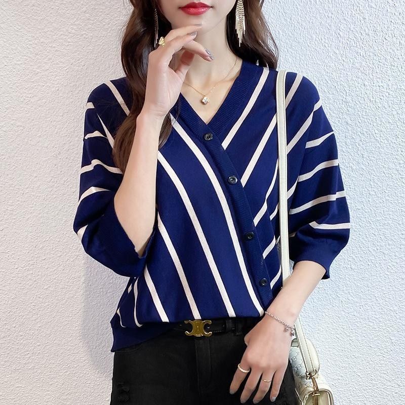 冰絲五分袖針織衫 條紋短袖t恤 寬鬆港風日系半袖上衣 夏新款v領薄IG潮