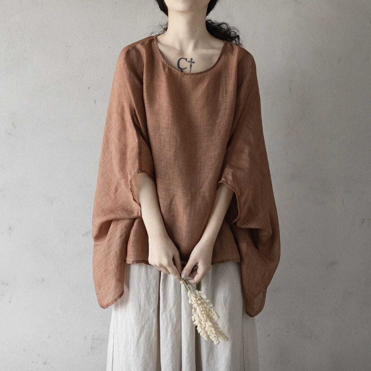 文藝 寬鬆 百搭 夏季新品 蝙蝠袖 大尺碼 防曬服 襯衫