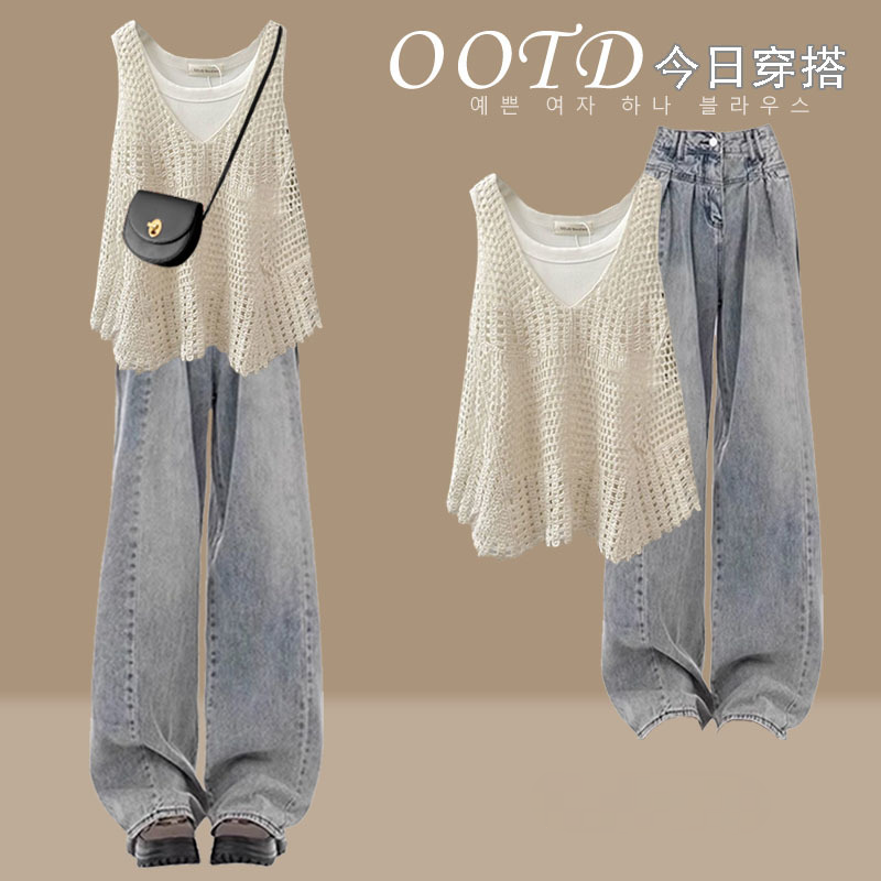【單品可選】時尚 鏤空 針織 馬甲+內搭 背心+寬鬆 牛仔褲 三件套