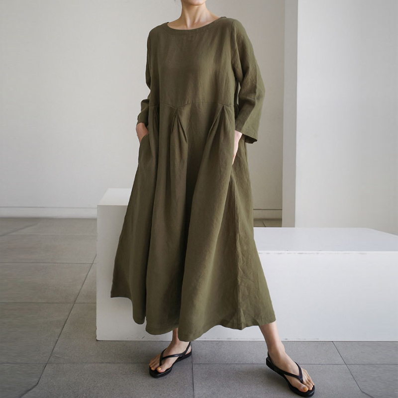 日韓版純色棉麻圓領寬鬆洋裝 寬鬆大碼韓版棉麻風純色過膝長裙大擺裙