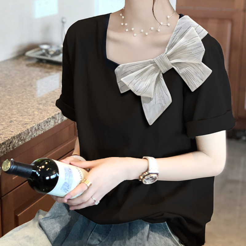M-4XL蝴蝶結黑色短袖小方領T恤女設計感小眾氣質減齡上衣