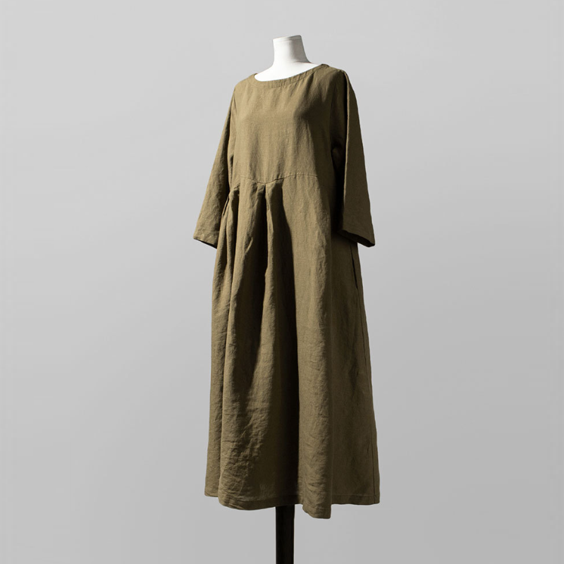 日韓版純色棉麻圓領寬鬆洋裝 寬鬆大碼韓版棉麻風純色過膝長裙大擺裙