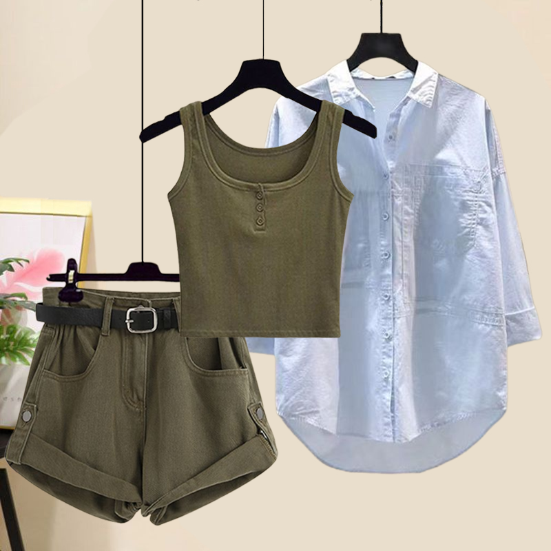 【穿搭一整套】整套特價$1165 韓版優雅風簡約復古紐扣背心+百搭襯衫+捲邊牛仔短褲套裝