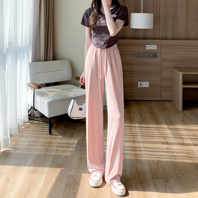 淺綠色 冰絲 闊腿褲 防蚊  高腰 垂感 窄版 直筒 涼涼褲 寬褲