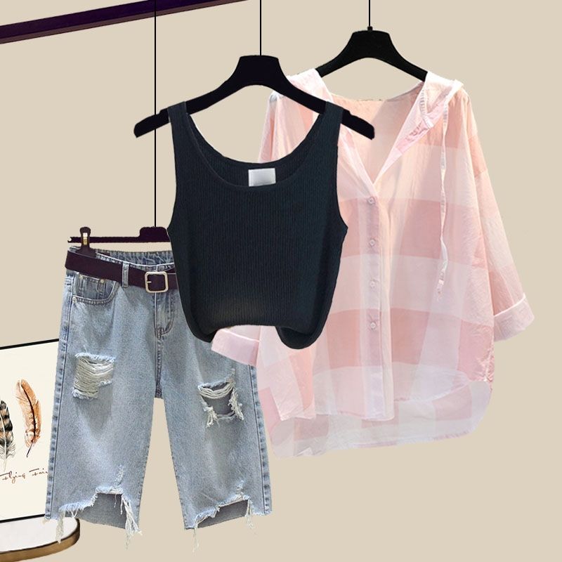 【單品可選】氣質百搭格紋連帽襯衫+簡約遮肉背心+高腰破洞牛仔褲套裝