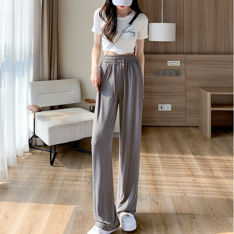 淺綠色 冰絲 闊腿褲 防蚊  高腰 垂感 窄版 直筒 涼涼褲 寬褲