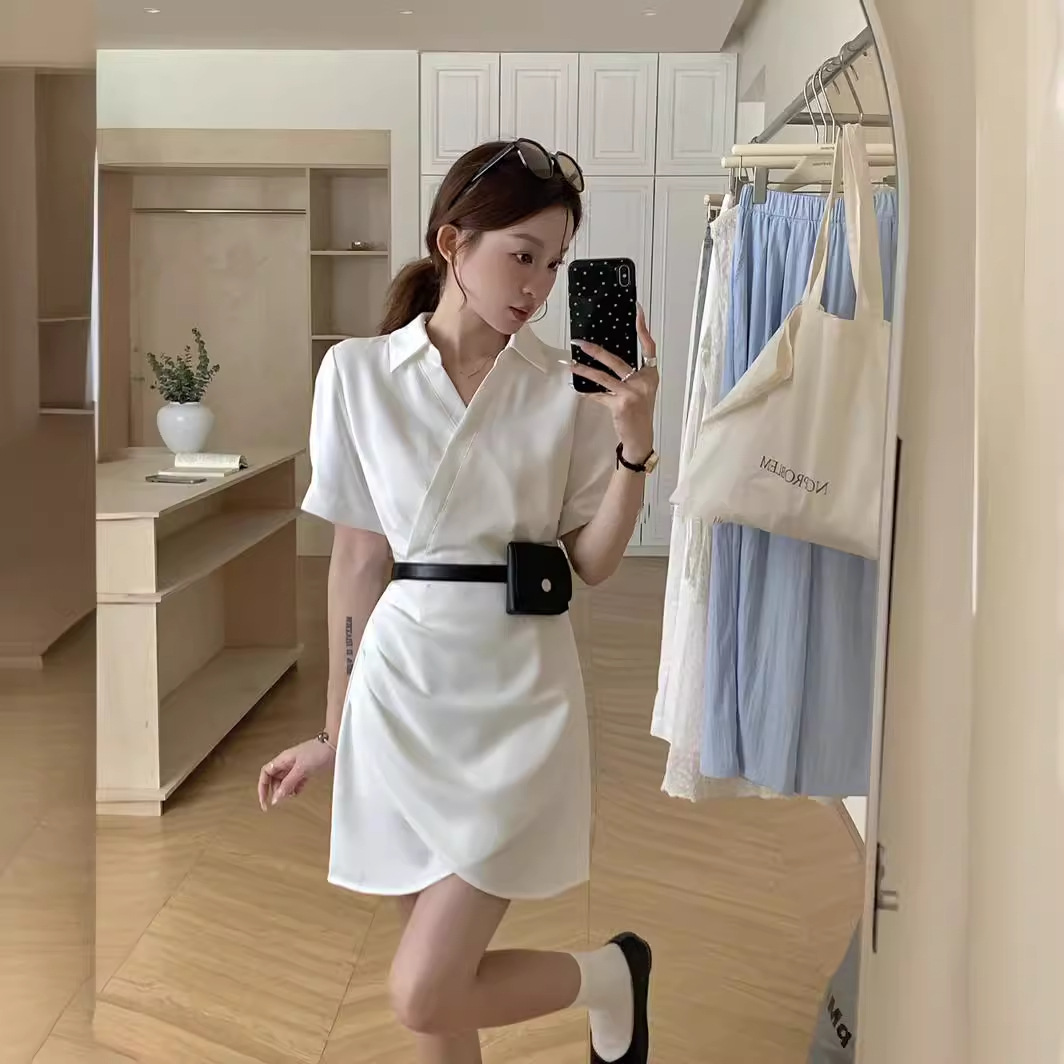 毆膩同款 韓國自訂 夏季設計感不規則褶皺開叉顯瘦襯衫洋裝