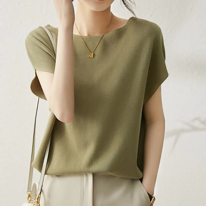 法式 圓領 素面 寬鬆 薄款 針織 T恤