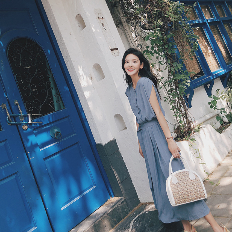 韓系優雅 OL穿搭 素面 短袖 高腰 Ａ字裙 壓褶 休閒長洋裝