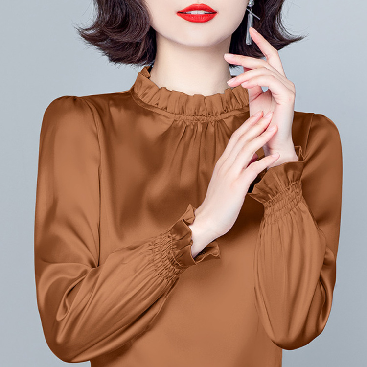 早春壓褶荷葉邊邊襯衫 內搭上衣女緞面歐美內搭上衣溫柔風泡泡袖上衣
