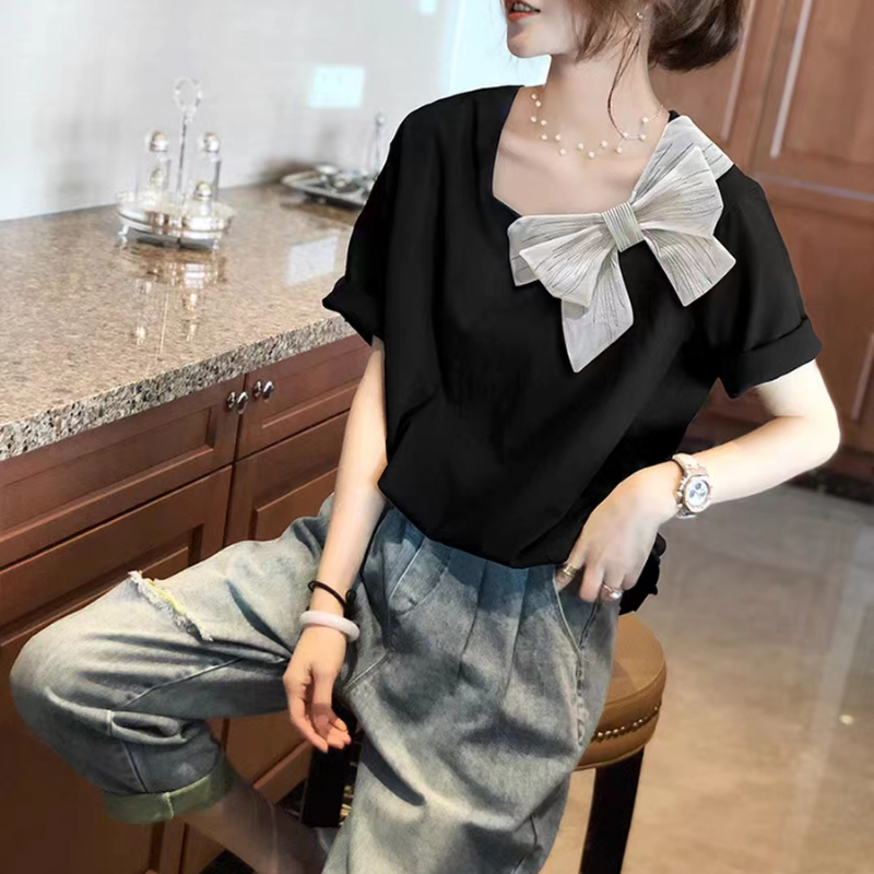 M-4XL蝴蝶結黑色短袖小方領T恤女設計感小眾氣質減齡上衣