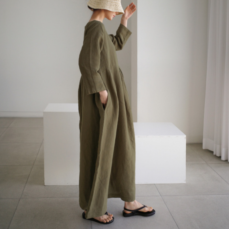 日韓版純色棉麻圓領寬鬆洋裝 寬鬆大碼韓版棉麻風純色過膝長裙大擺裙