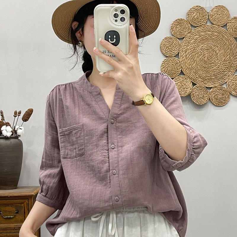 韓版 復古 小V領 寬鬆 休閒 簡約 七分袖 襯衫