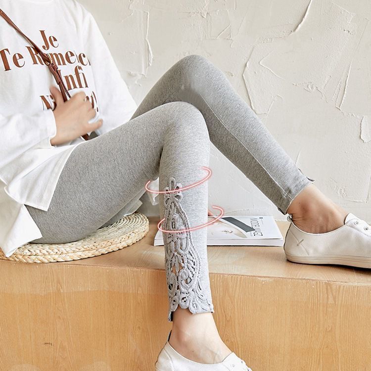 高彈 彈力棉蕾絲九分褲 外穿長褲蕾絲高腰顯瘦彈力緊身百搭九分褲薄