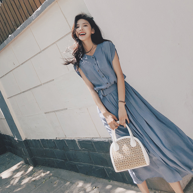 韓系優雅 OL穿搭 素面 短袖 高腰 Ａ字裙 壓褶 休閒長洋裝